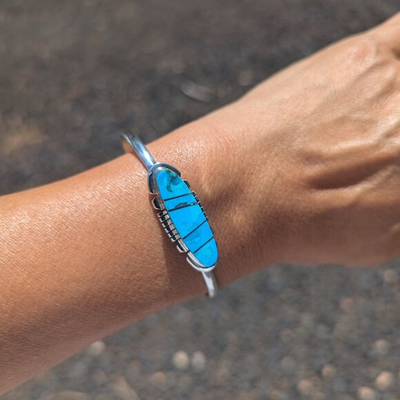 SouthwestArtisans Jewelry - Navajo Bracelet Handmade Sterling Silver Kingman Turquoise Jewelry Sz 6.75in.***